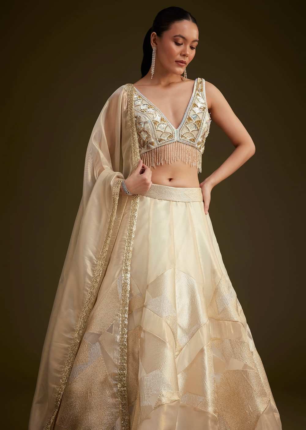 Gold and White Net Embroidered Lehenga Set With Organza Dupatta