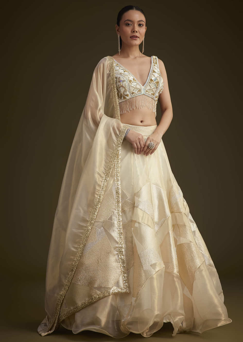Gold and White Net Embroidered Lehenga Set With Organza Dupatta