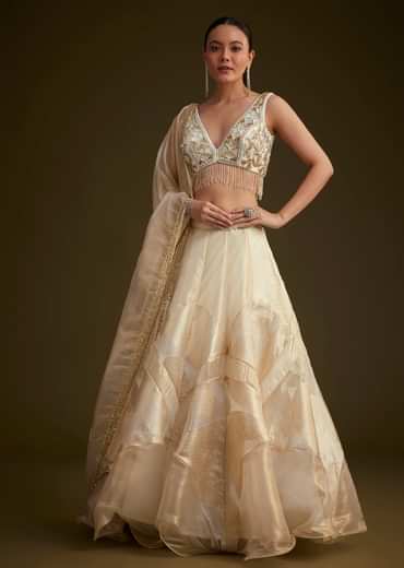 Gold and White Net Embroidered Lehenga Set With Organza Dupatta