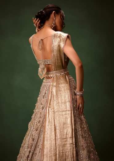 Gold Beige Chanderi Silk Lehenga Set With Embroidered Jacket And Dupatta