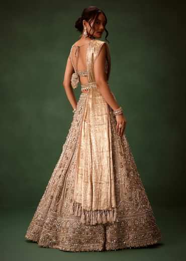 Gold Beige Chanderi Silk Lehenga Set With Embroidered Jacket And Dupatta