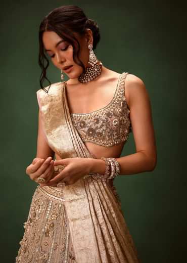 Gold Beige Chanderi Silk Lehenga Set With Embroidered Jacket And Dupatta