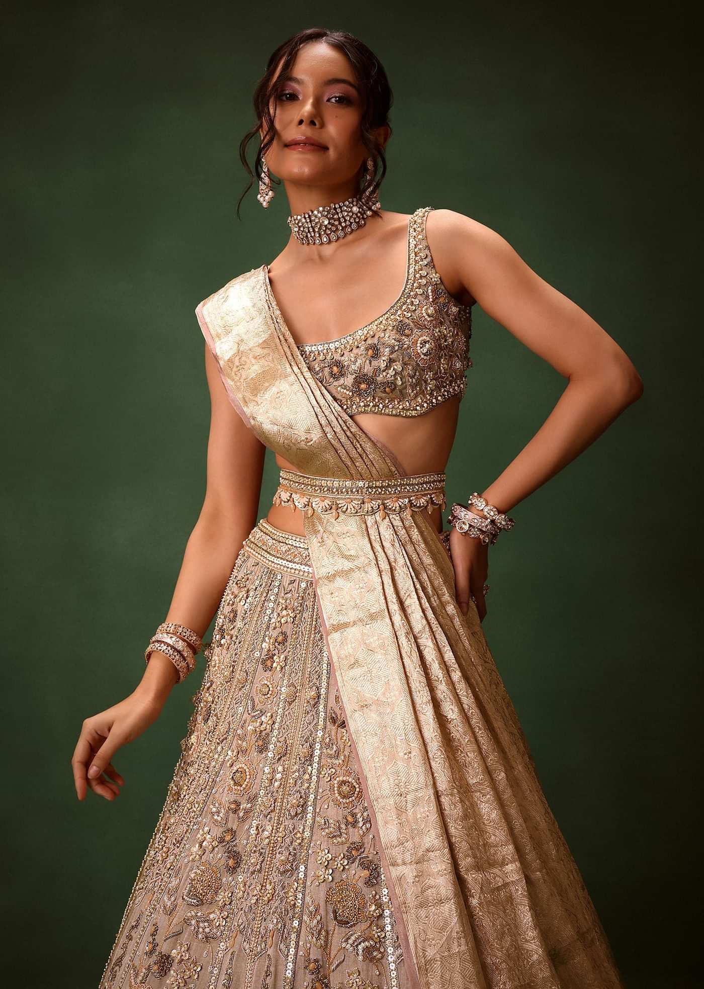 Gold Beige Chanderi Silk Lehenga Set With Embroidered Jacket And Dupatta