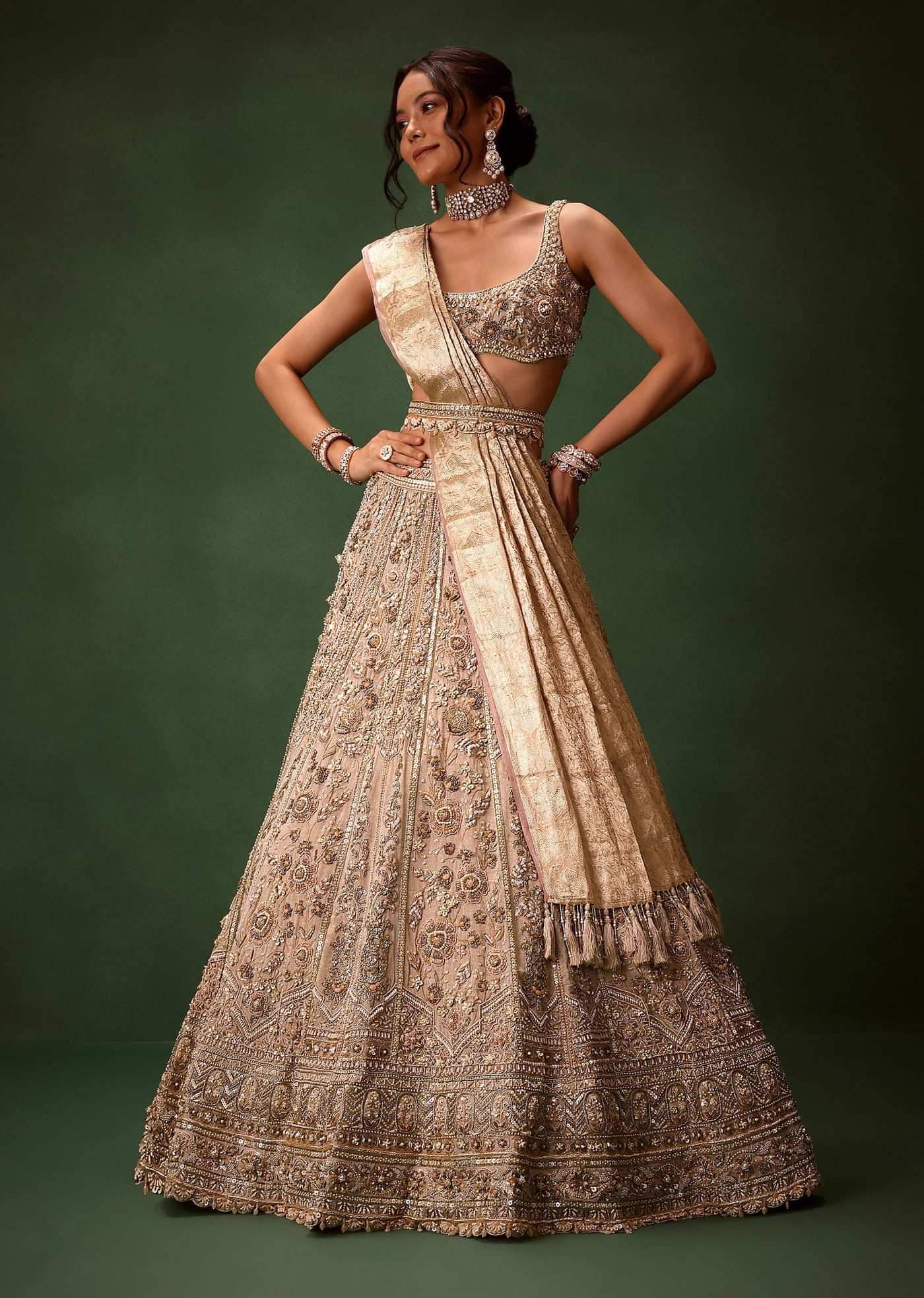 Gold Beige Chanderi Silk Lehenga Set With Embroidered Jacket And Dupatta