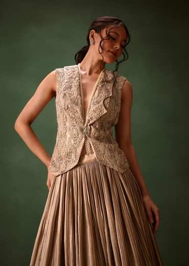 Gold Brocade Jacket And Rushing Skirt Suit