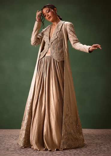 Gold Brocade Jacket And Rushing Skirt Suit