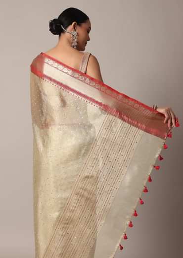 Gold Chanderi Kota Silk Woven Saree With Mirror Work And Unstitched Blouse Piece