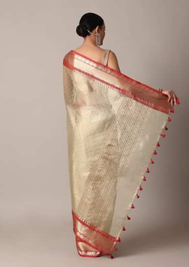 Gold Chanderi Kota Silk Woven Saree With Mirror Work And Unstitched Blouse Piece