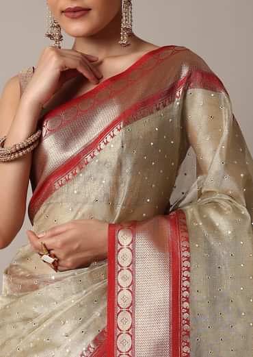 Gold Chanderi Kota Silk Woven Saree With Mirror Work And Unstitched Blouse Piece