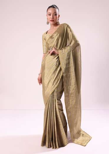 Gold Chanderi Tissue Saree With Pipe Finish Stitched Blouse