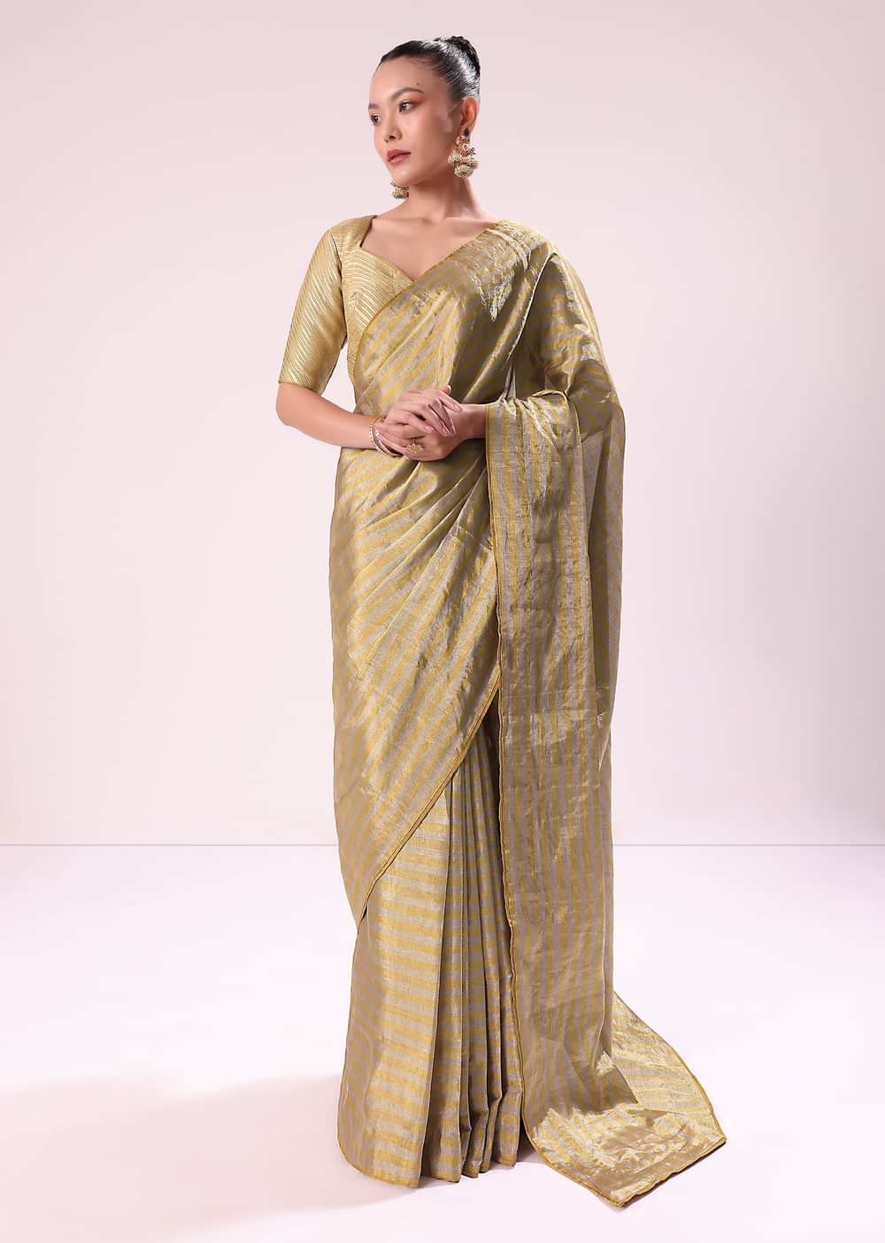 Gold Chanderi Tissue Saree With Pipe Finish Stitched Blouse