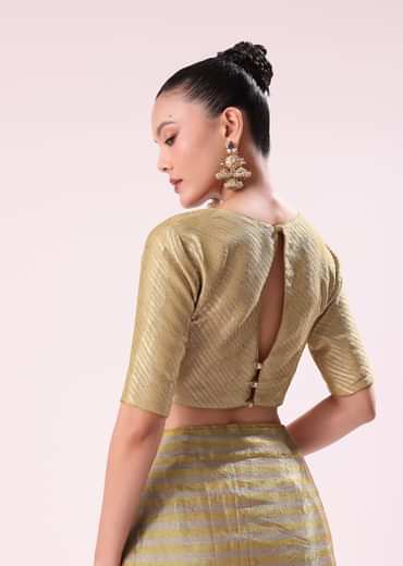 Gold Chanderi Tissue Saree With Pipe Finish Stitched Blouse