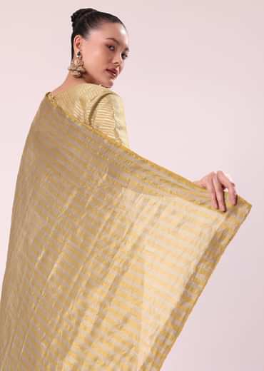 Gold Chanderi Tissue Saree With Pipe Finish Stitched Blouse