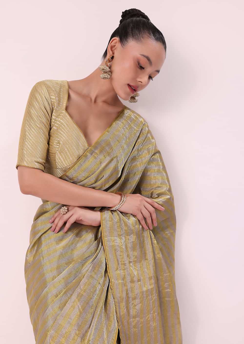 Gold Chanderi Tissue Saree With Pipe Finish Stitched Blouse