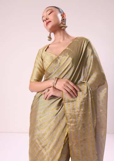 Gold Chanderi Tissue Saree With Pipe Finish Stitched Blouse