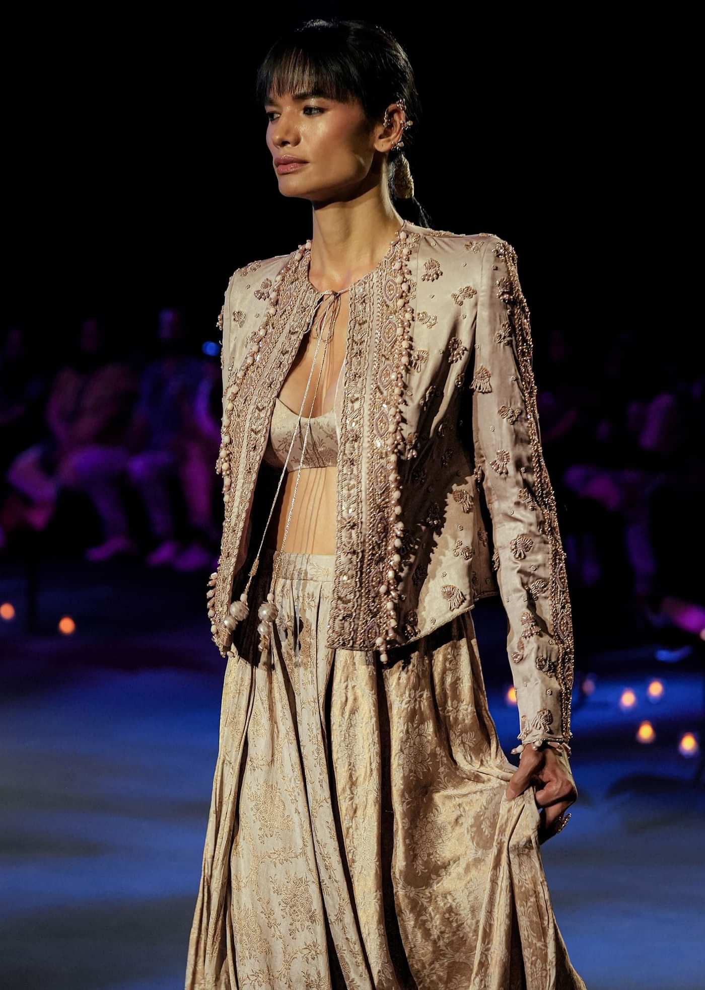 Gold Cowl Dhoti Drape Skirt With Heavy Embroidered Jacket