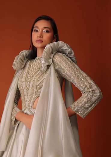 Gold Embroidered Western Bridal Gown In Organza With Shoulder Wings