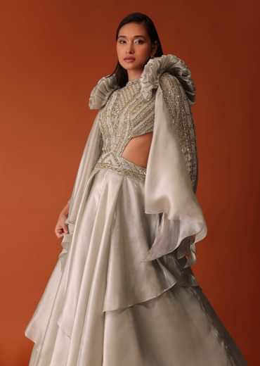 Gold Embroidered Western Bridal Gown In Organza With Shoulder Wings