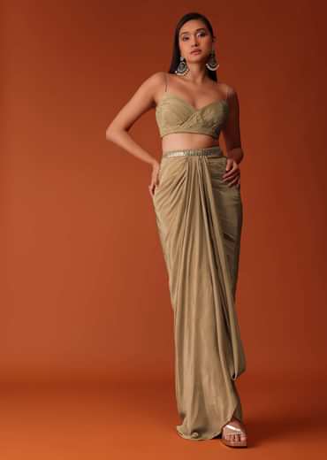 Gold Festive Dhoti Suit Set In Crepe With Foil Embroidery