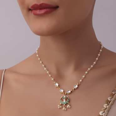 Gold Finish Necklace With Green Meenakari Motif