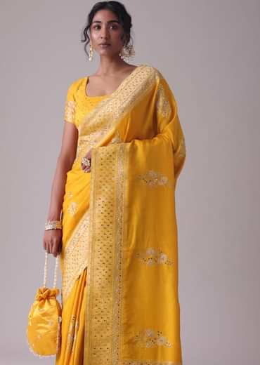 Gold Fusion Yellow Embroidered Saree In Khadi Silk