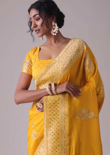 Gold Fusion Yellow Embroidered Saree In Khadi Silk