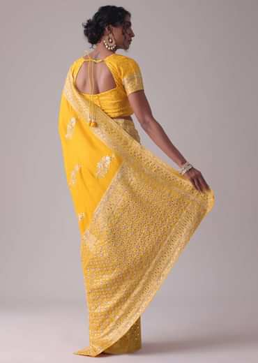 Gold Fusion Yellow Embroidered Saree In Khadi Silk
