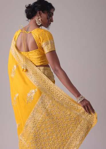 Gold Fusion Yellow Embroidered Saree In Khadi Silk