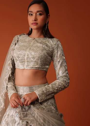 Gold Hand Embroidered Bridal Lehenga Set In Organza