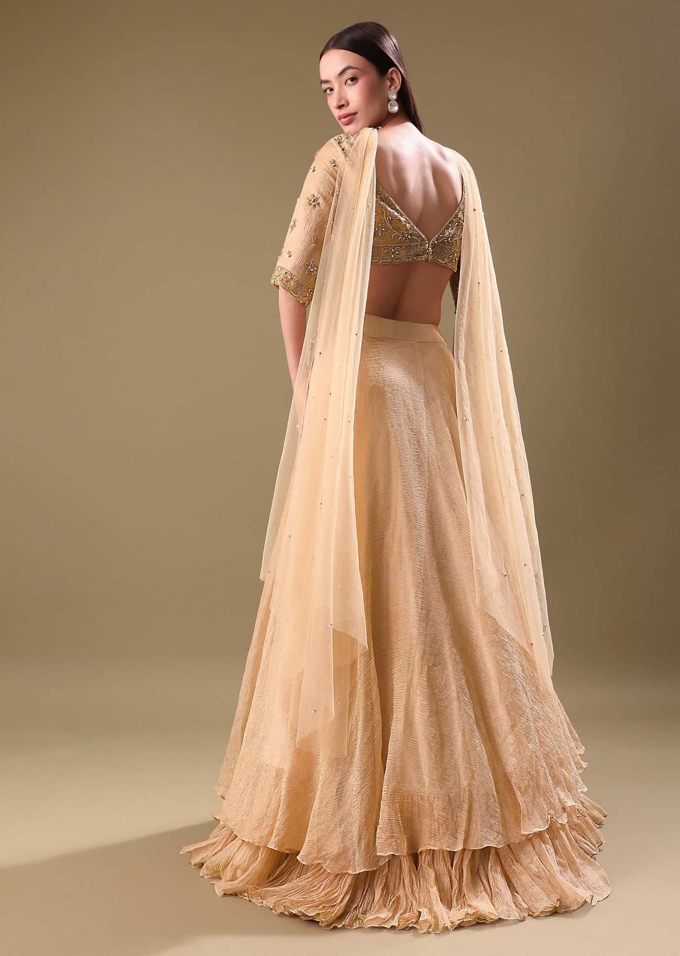 Gold Hand Embroidered Tissue Lehenga And Blouse With Dupatta