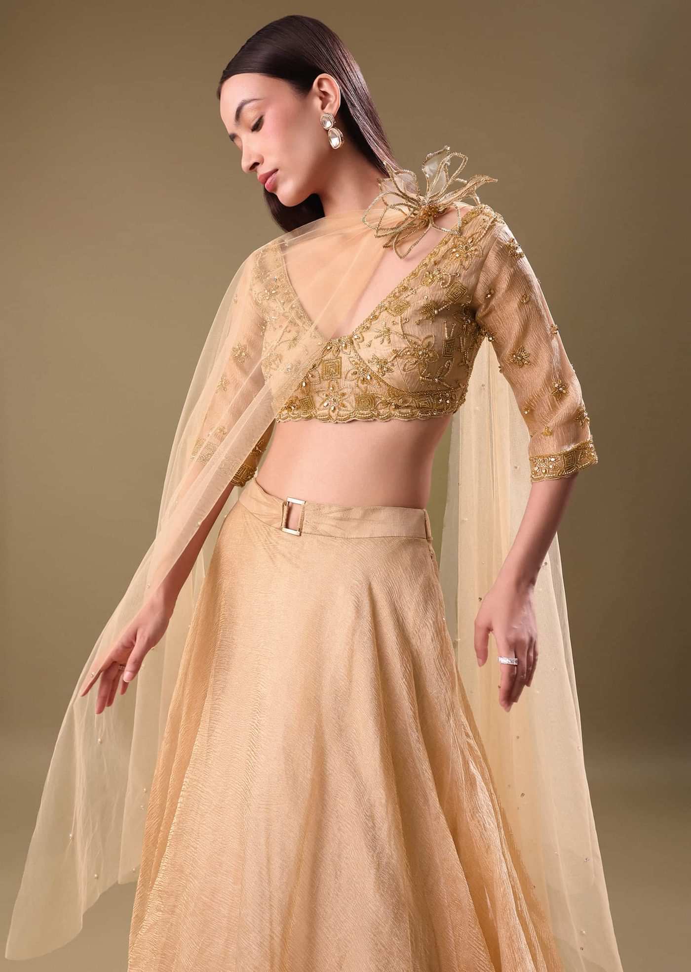 Gold Hand Embroidered Tissue Lehenga And Blouse With Dupatta