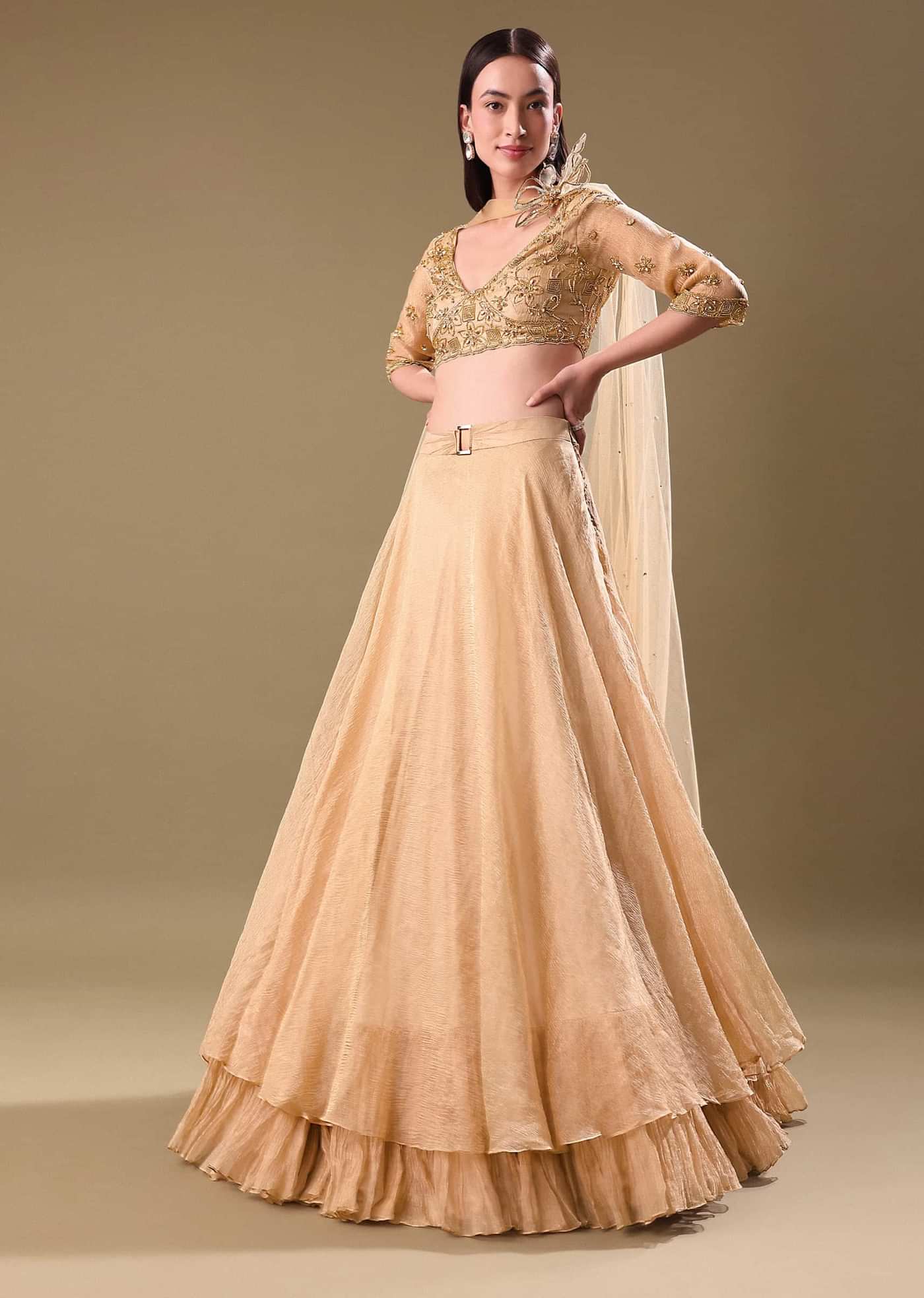 Gold Hand Embroidered Tissue Lehenga And Blouse With Dupatta