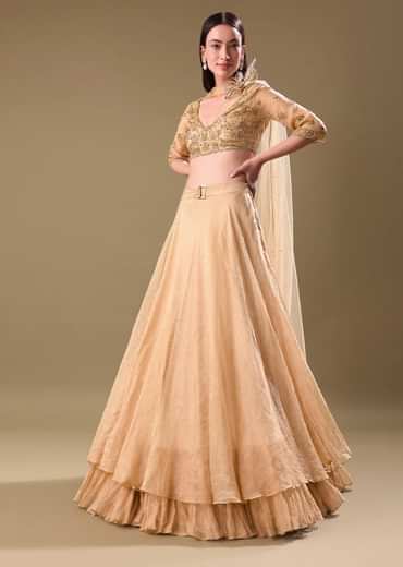 Gold Hand Embroidered Tissue Lehenga And Blouse With Dupatta