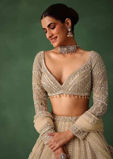 Gold Hand Embroidered Lehenga Set In Raw Silk With Dupatta