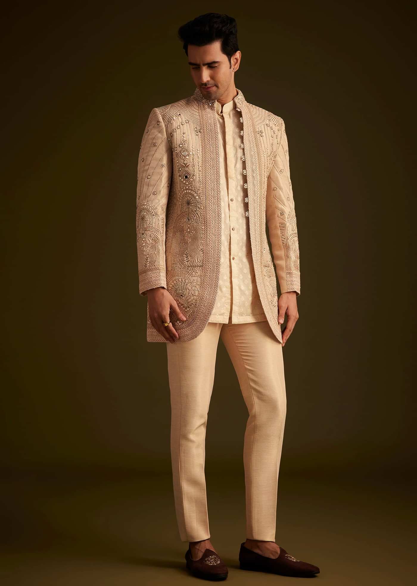Gold Hand Embroidered Sherwani Set With Intricate Detailing