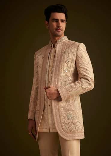 Gold Hand Embroidered Sherwani Set With Intricate Detailing