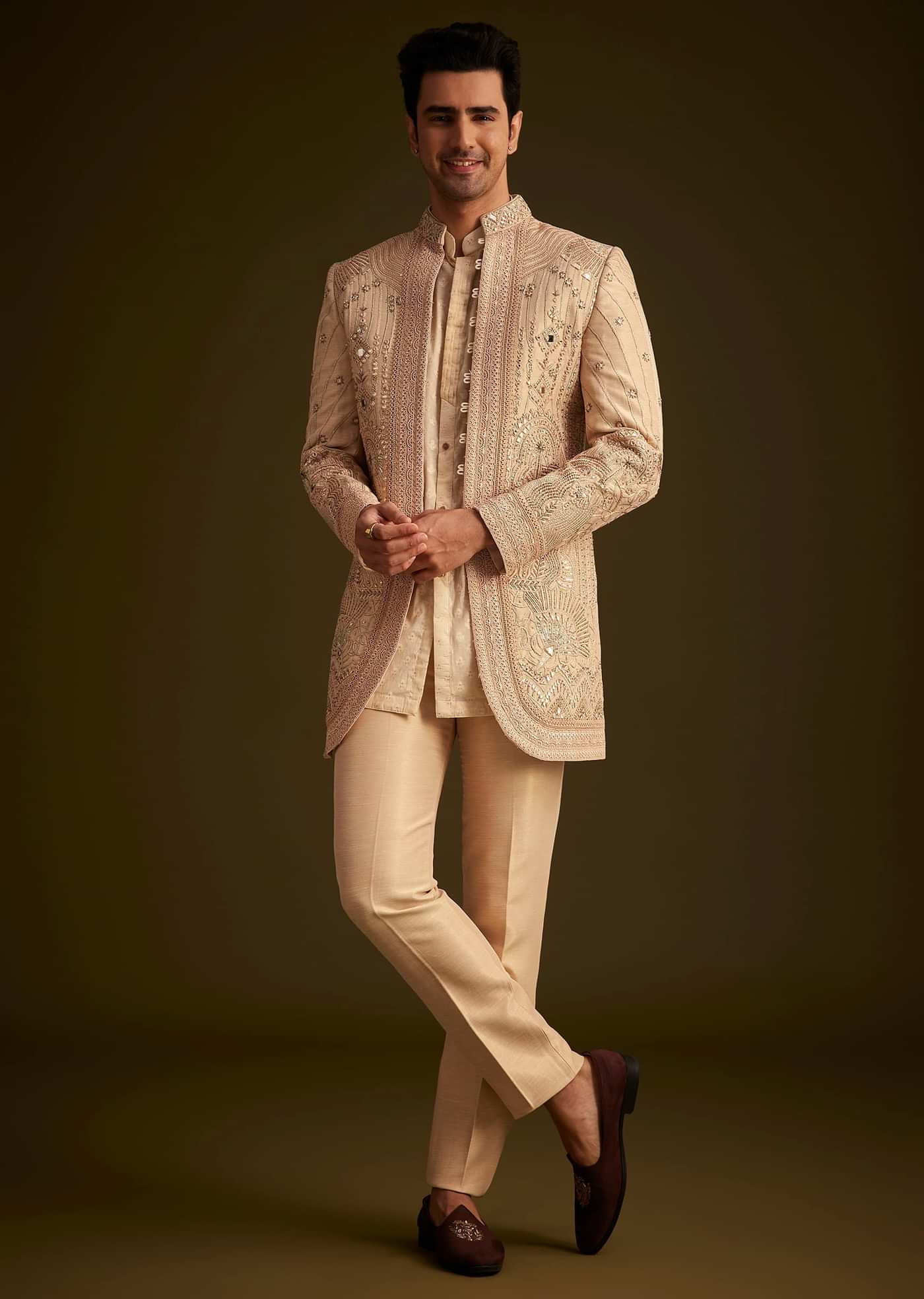 Gold Hand Embroidered Sherwani Set With Intricate Detailing