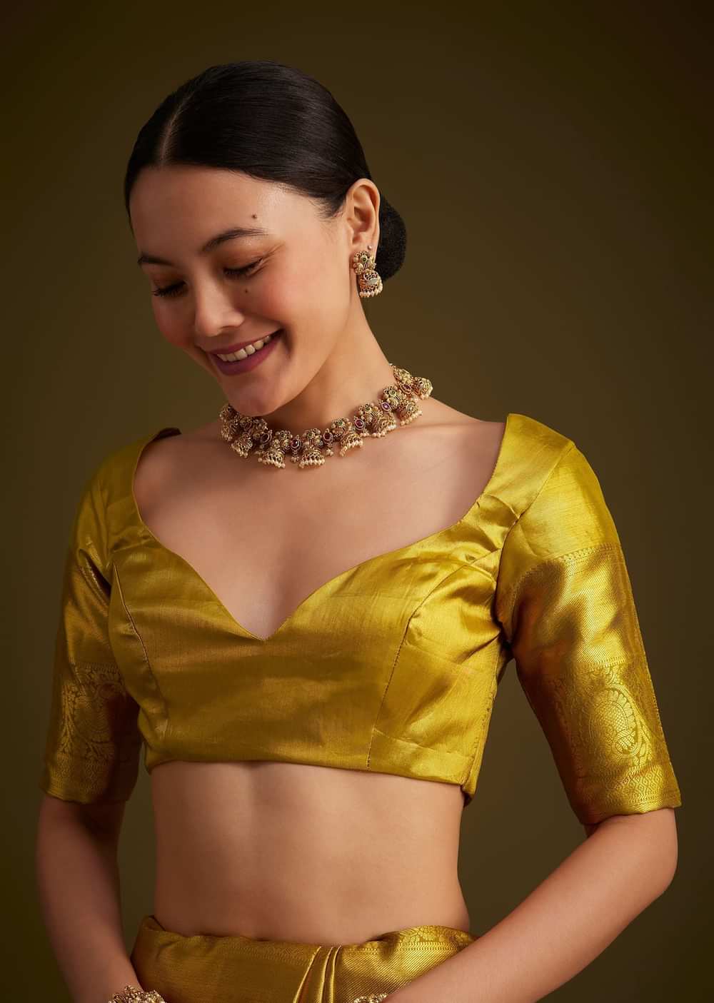 Gold Kanjivaram Silk Saree With Zari Border