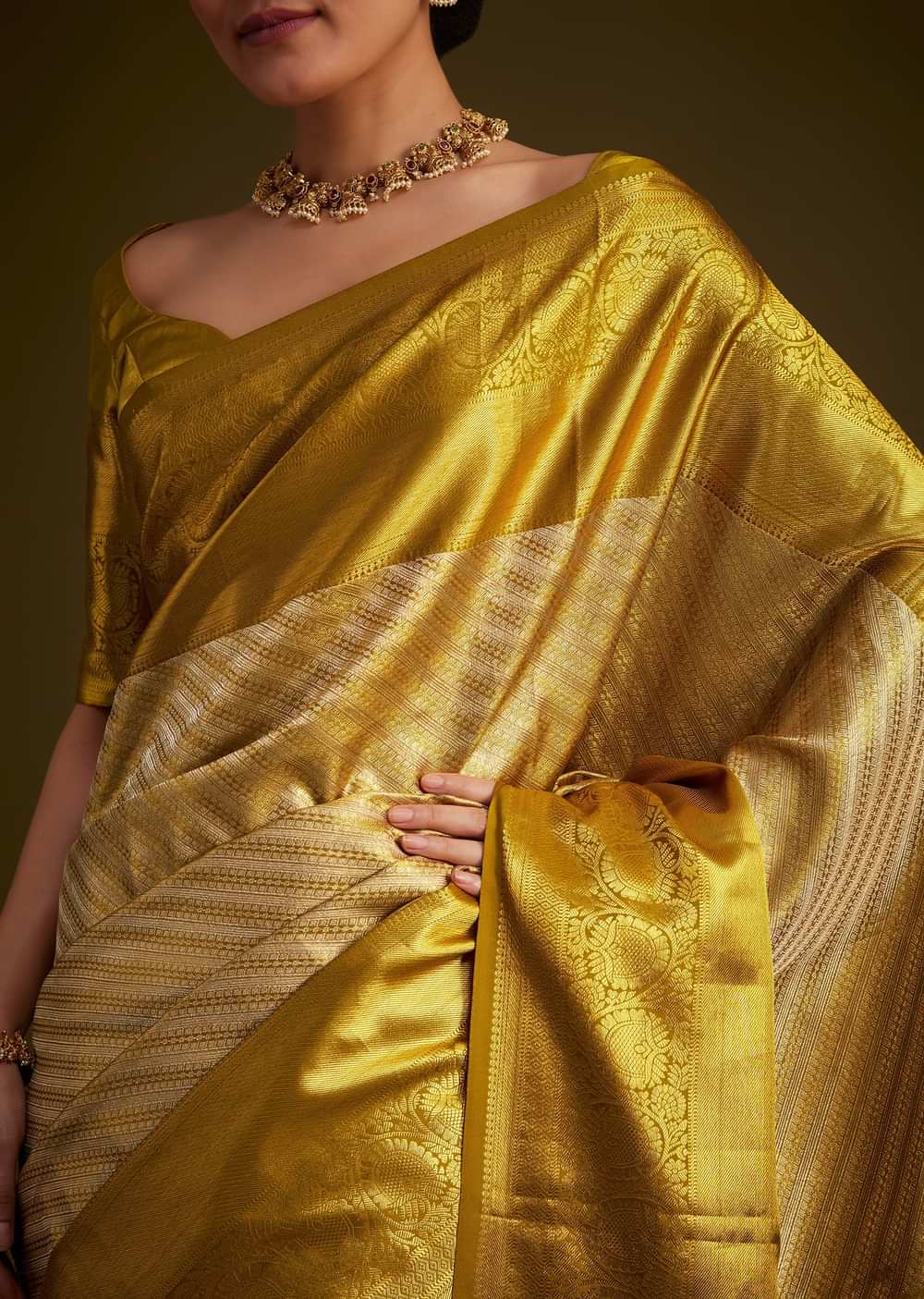 Gold Kanjivaram Silk Saree With Zari Border