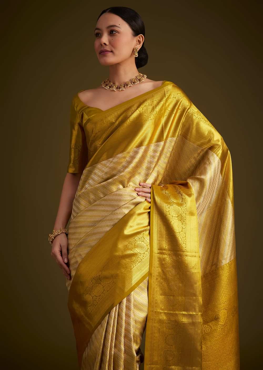 Gold Kanjivaram Silk Saree With Zari Border