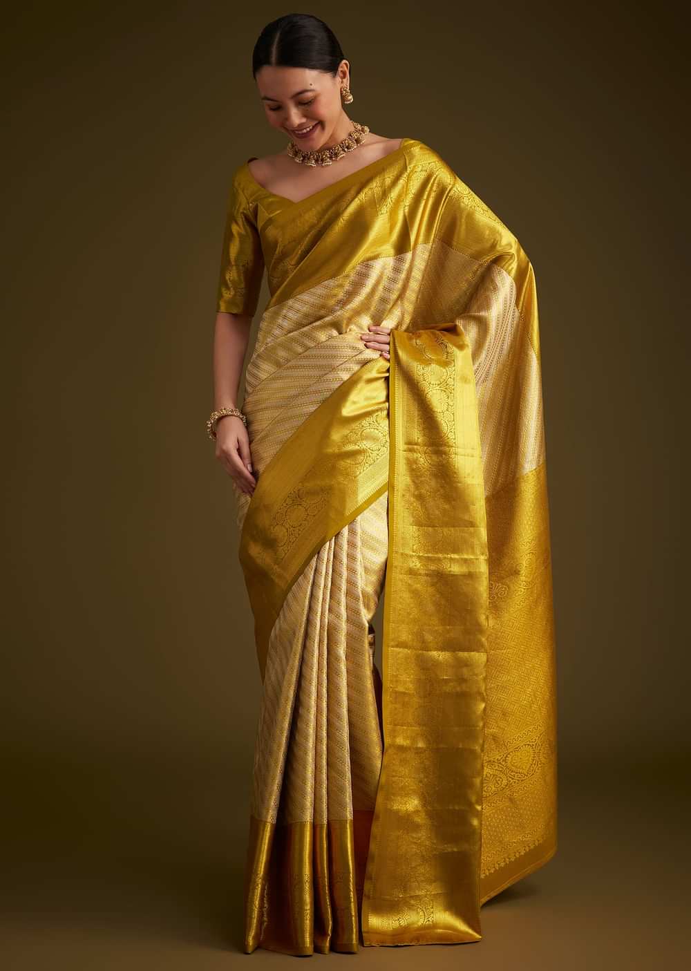 Gold Kanjivaram Silk Saree With Zari Border