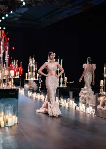 Gold Lehenga In Art Silk With 3D Feathers And Floral Motifs