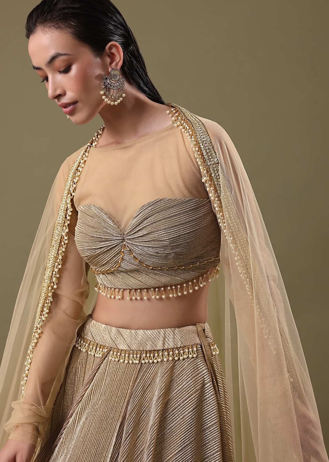 Gold Pre Pleated Lehenga With Dupatta