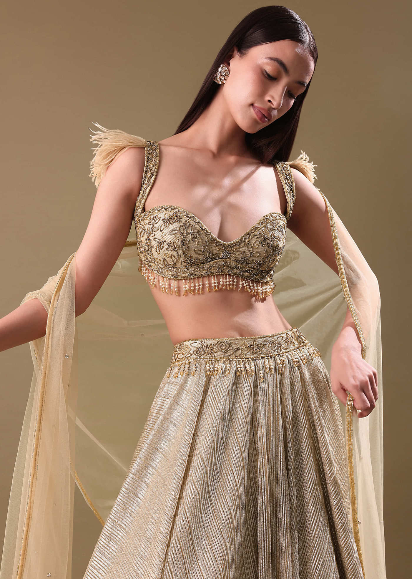 Gold Pre Pleated Lehenga With Embellished Blouse And Net Dupatta