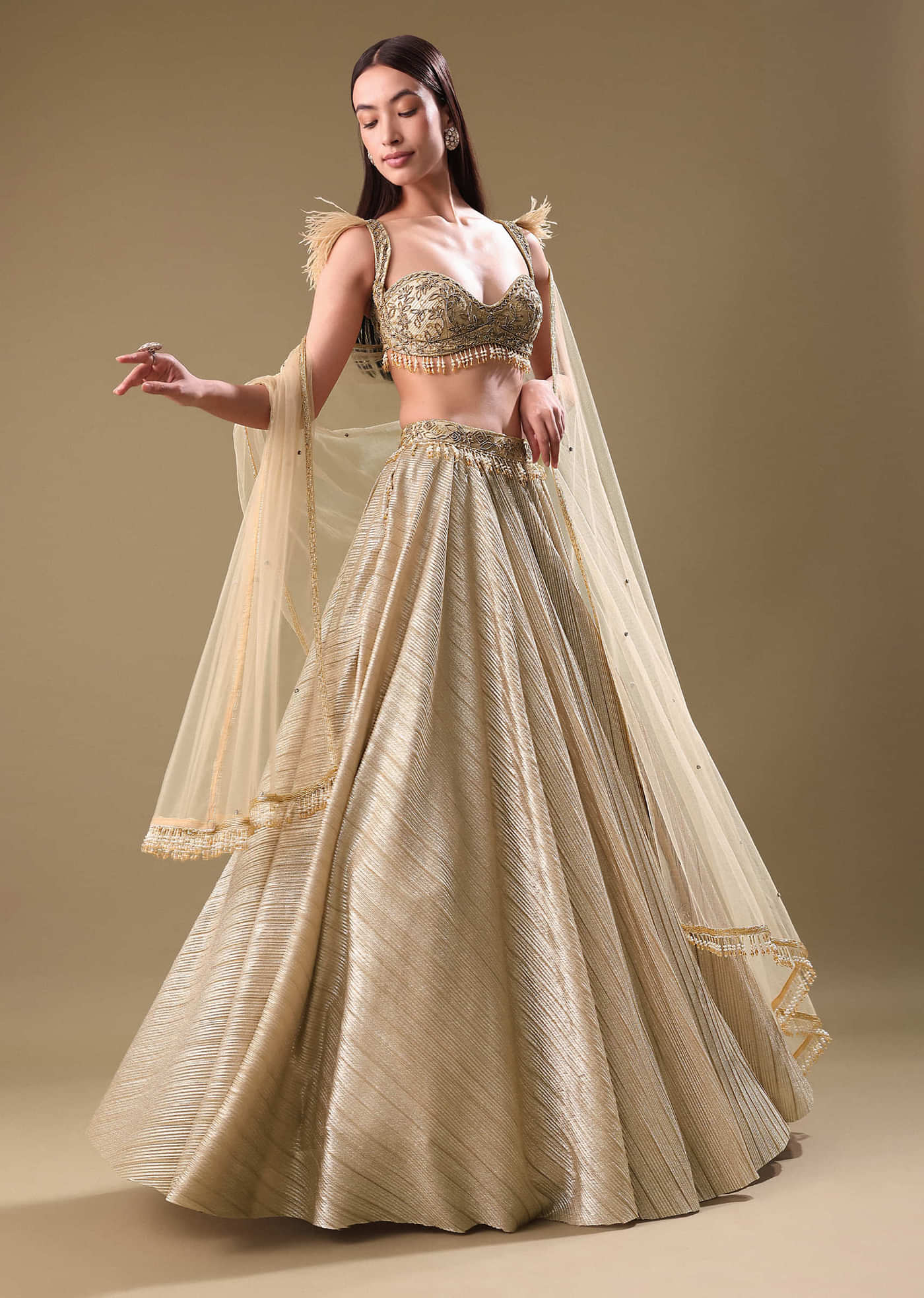 Gold Pre Pleated Lehenga With Embellished Blouse And Net Dupatta
