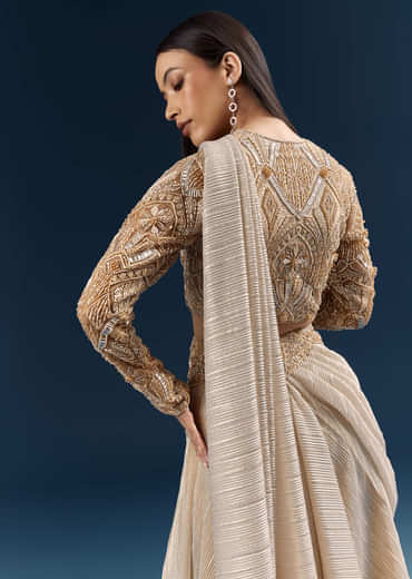 Gold Ready Pleated Saree With Aari Work