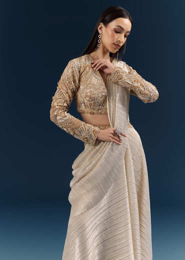 Gold Ready Pleated Saree With Aari Work