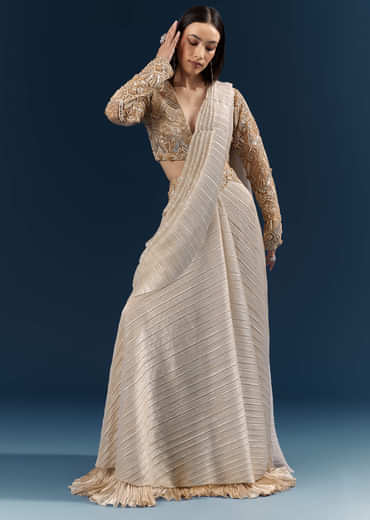 Gold Ready Pleated Saree With Aari Work