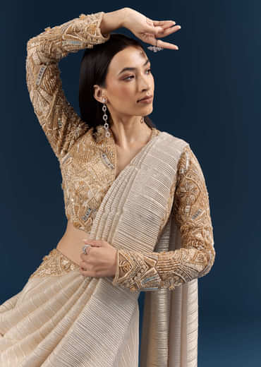 Gold Ready Pleated Saree With Aari Work