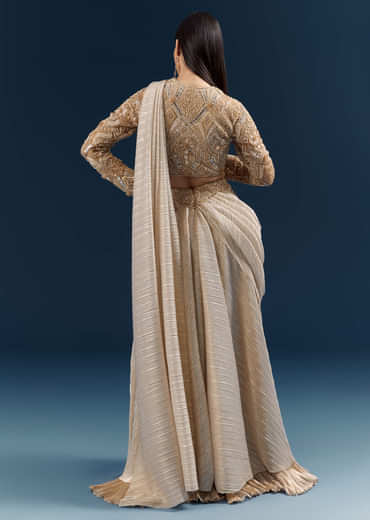 Gold Ready Pleated Saree With Aari Work